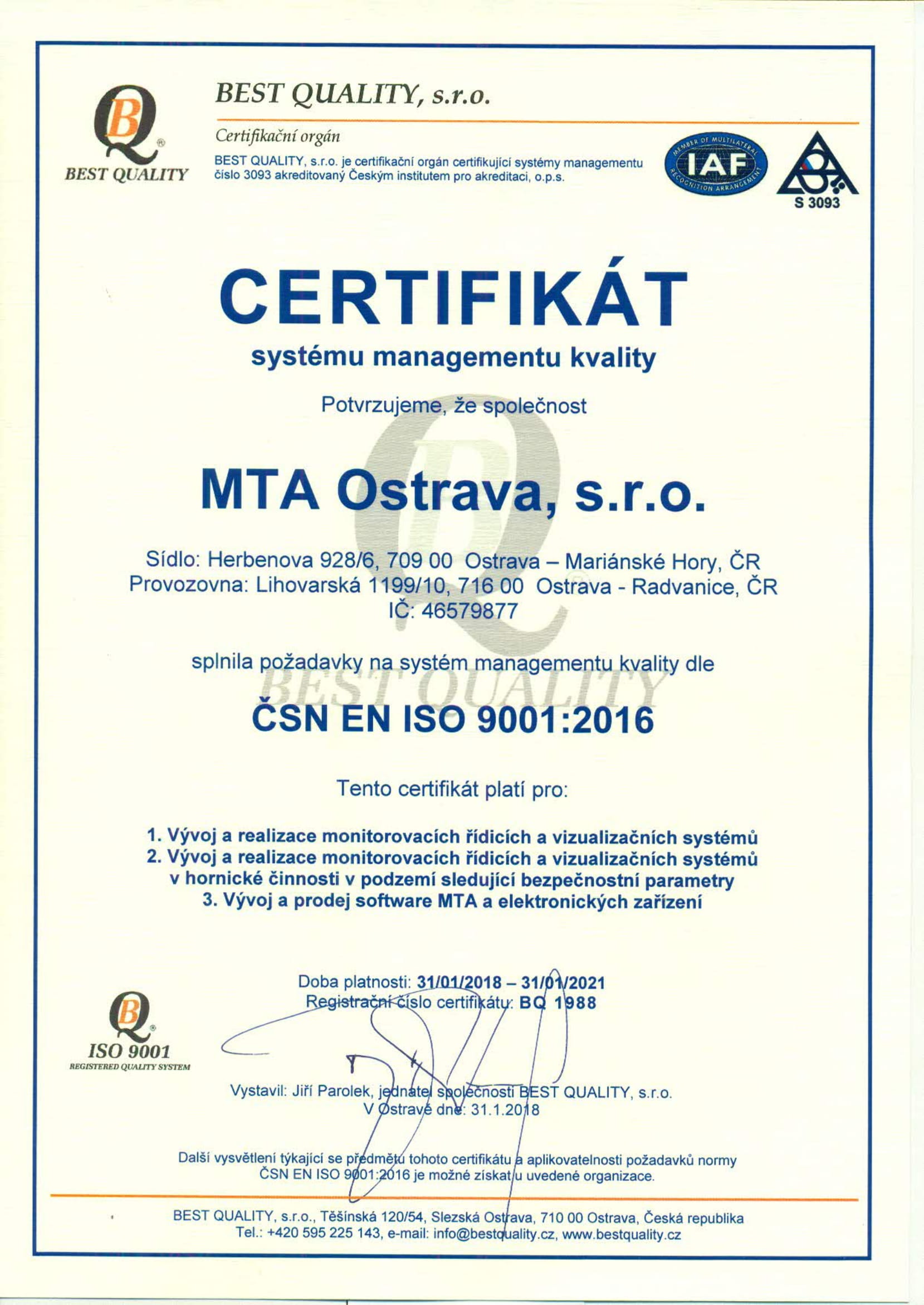 ISO 9001:2016 č. BQ1988